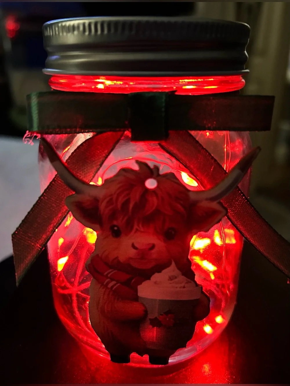 BABY CHRISTMAS HIGHLAND COW FAIRY-LIGHT DECOR JAR/HANDMADE BY ME! ***PICK ONE***